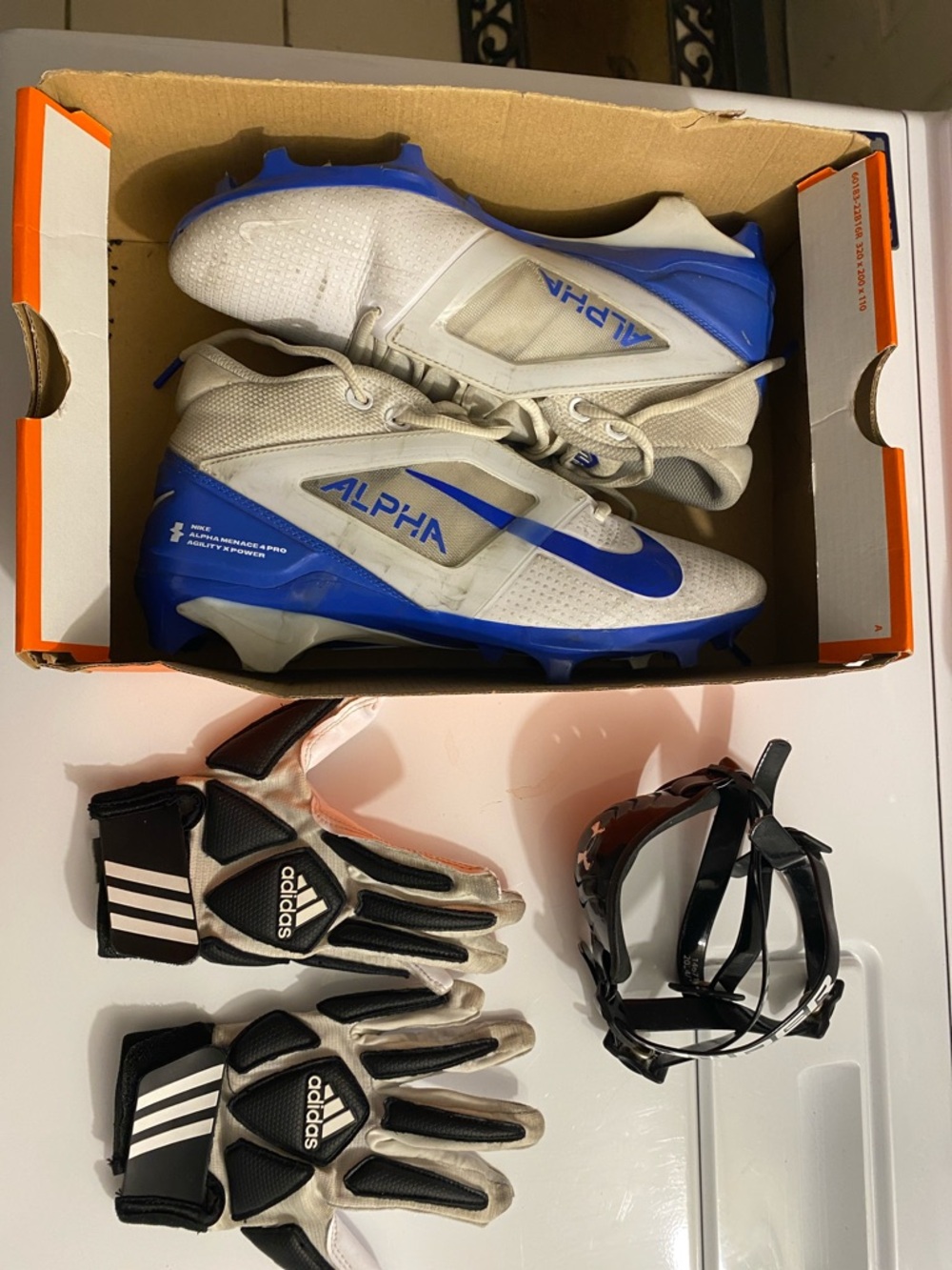 Nike White and Blue Alpha Football Cleats
